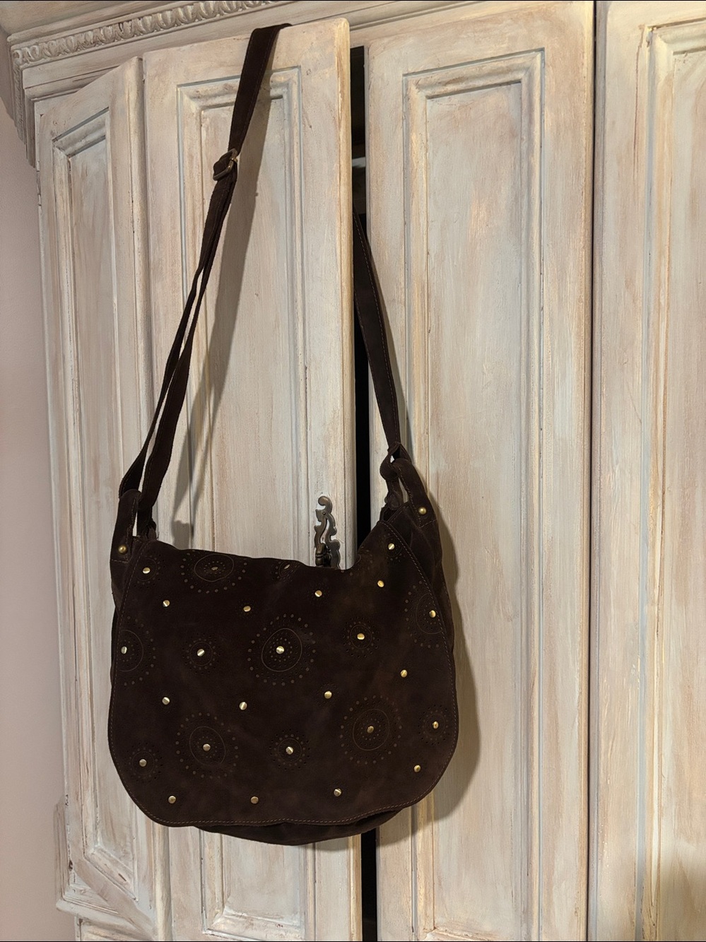 Pulicati Dark Brown Suede Shoulder Bag with Stud Embellishments